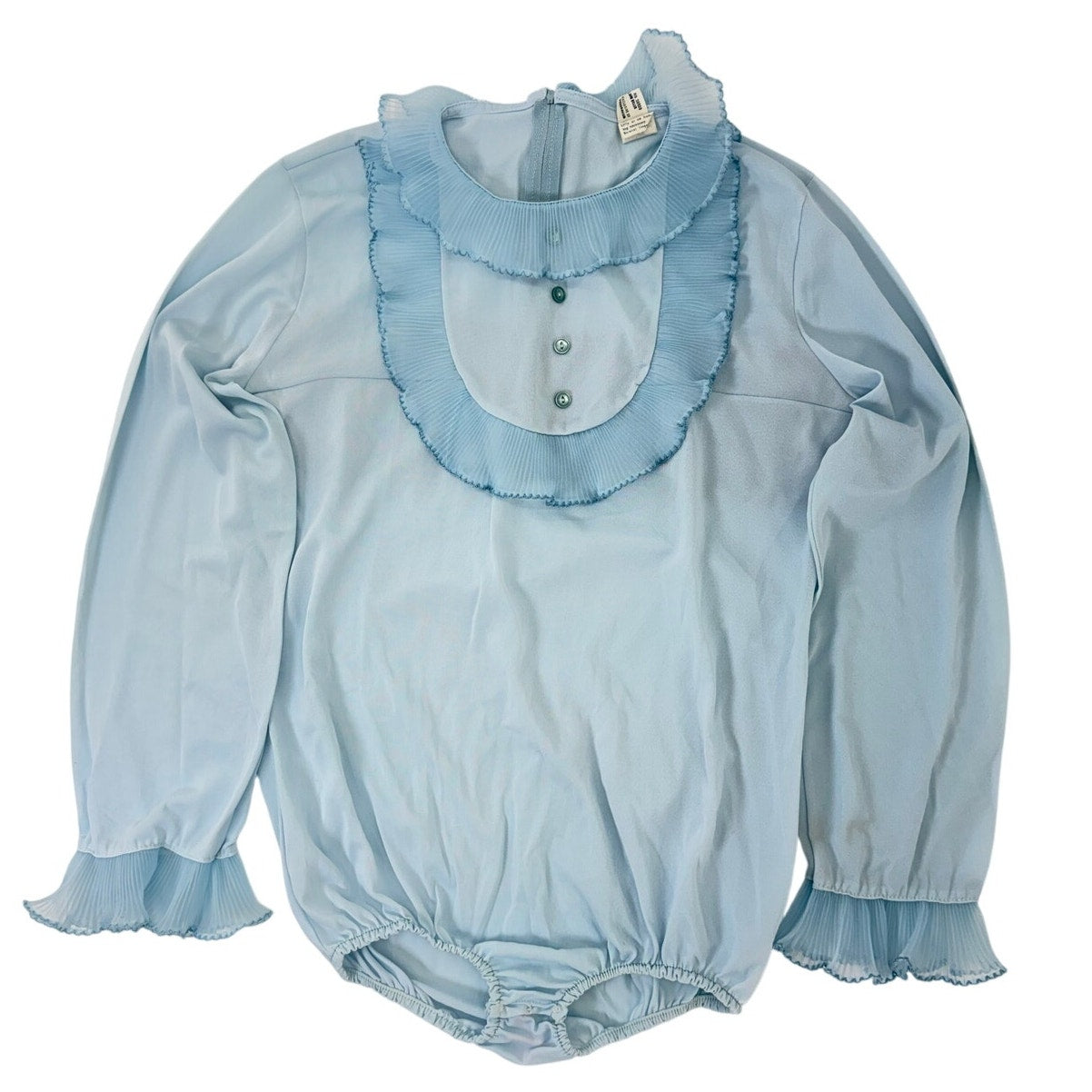 Vintage 70s Baronet Baby Blue Pleated Trim Long Sleeve Bodysuit Women Medium