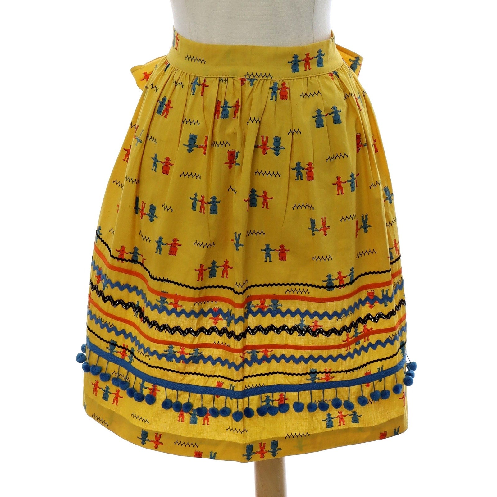Vintage 60s Waist Apron Yellow Dutch Folk Print Pom Pom Lined