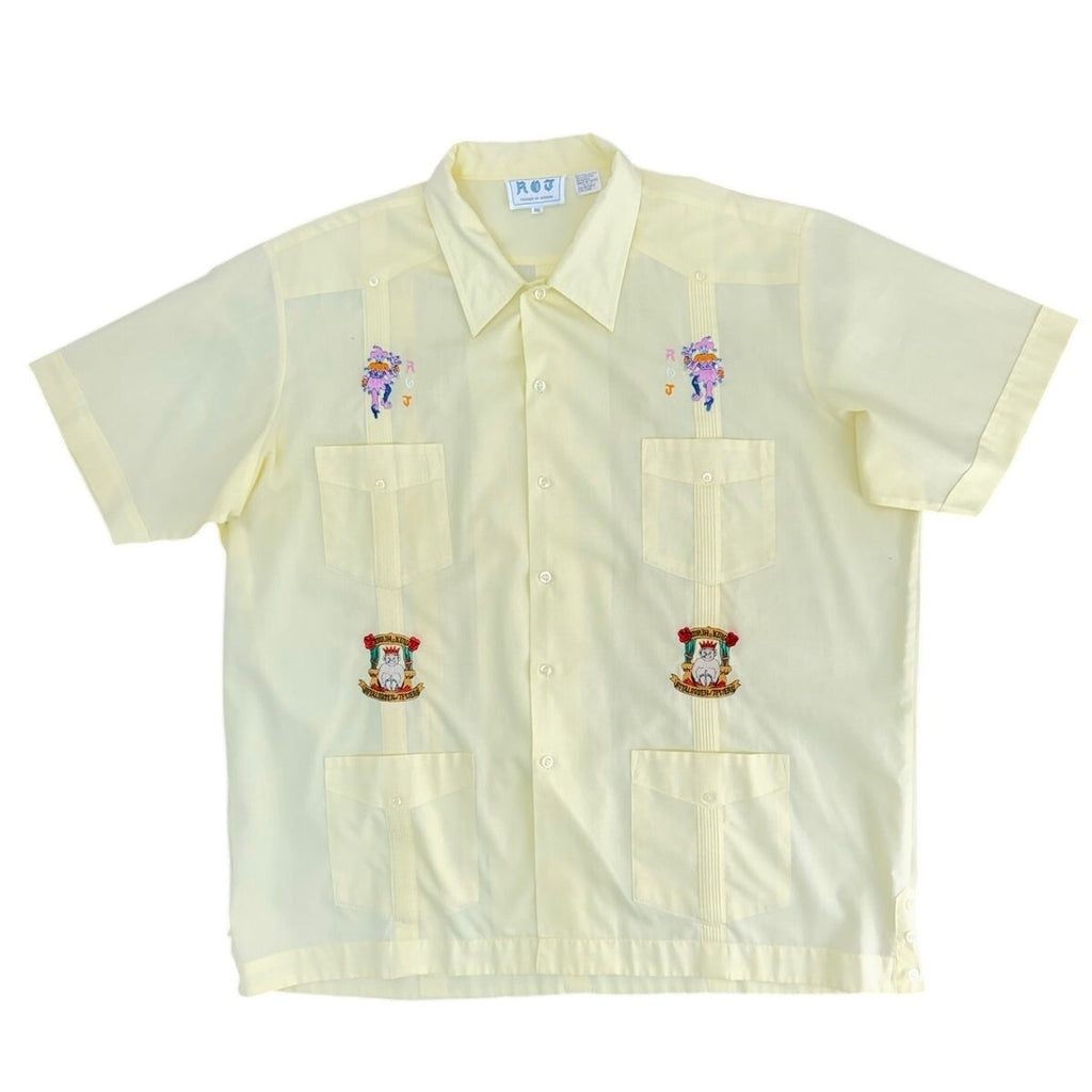 Vintage 90s ROJ Jester Embroidered Camp Shirt Mens XL Yellow Button Front