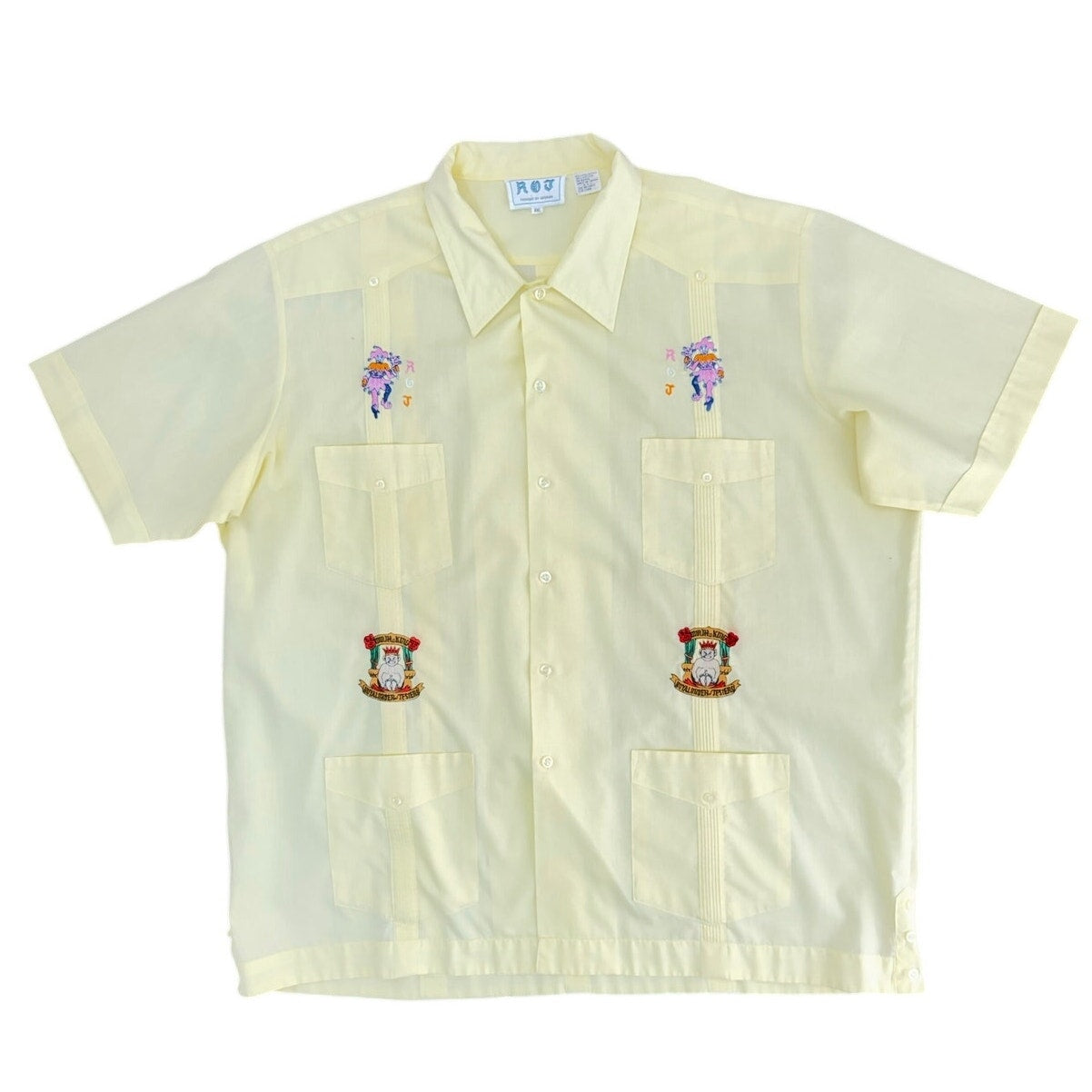 Vintage 90s ROJ Jester Embroidered Camp Shirt Mens XL Yellow Button Front