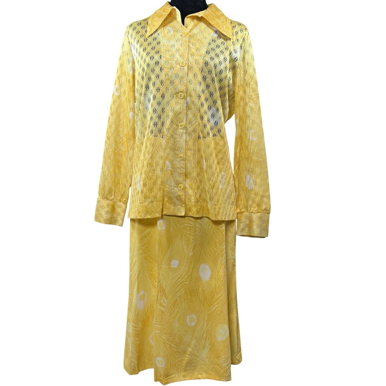 Vintage 70s Skirt Outfit Women's Medium Sunny Yellow Polyester Lightweight Sheer