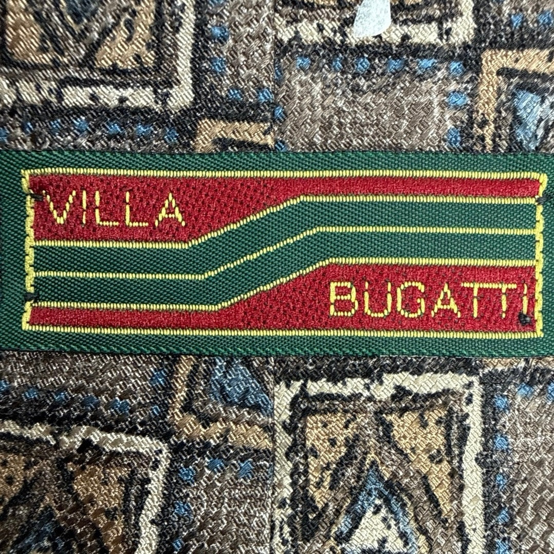Vintage 90s Villa Bugatti Men's Silk Tie Brown Blue Geometric Check