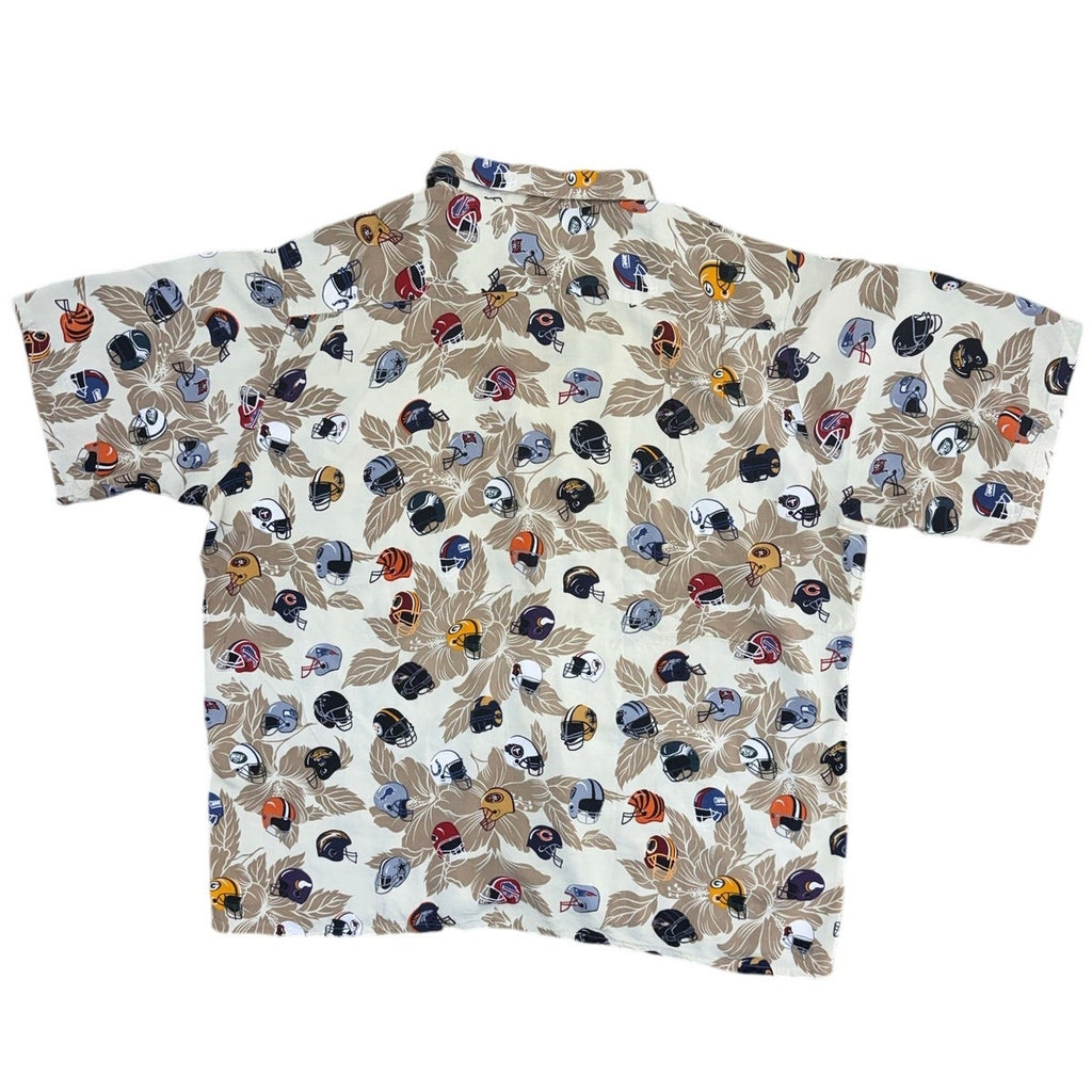 Vintage 90s Sun & Turf NFL Helmet Print Rayon Hawaiian Camp Shirt Men's XXL