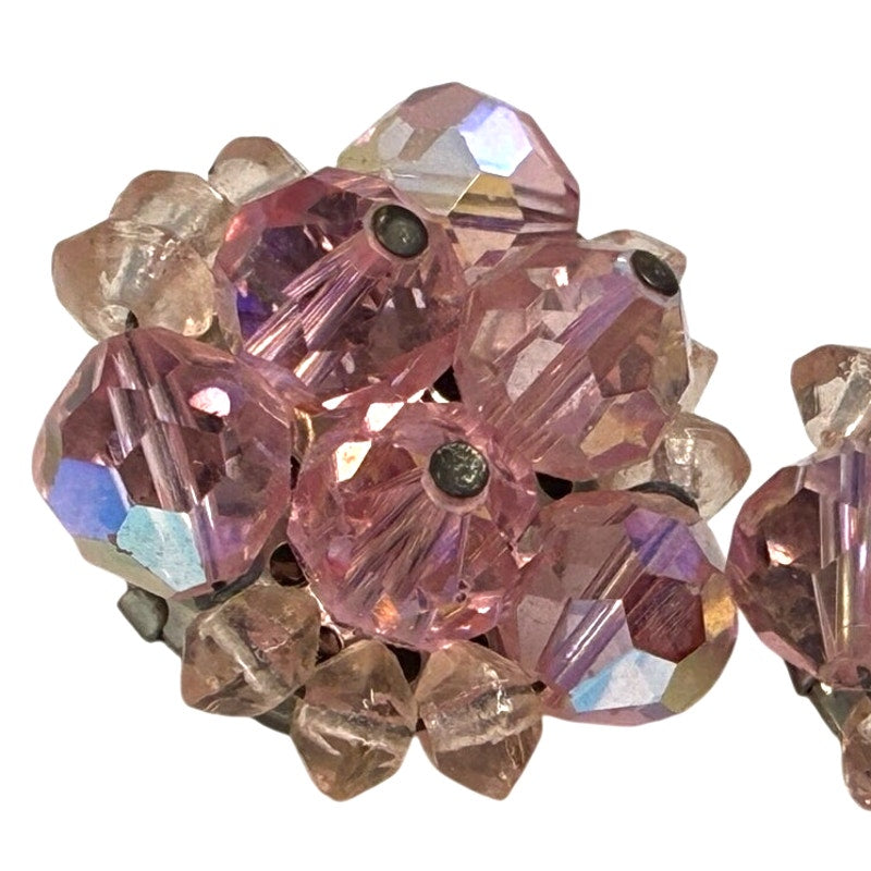 Vintage 1950s Pink Glass Bead Cluster Clip On Earrings Sparkle