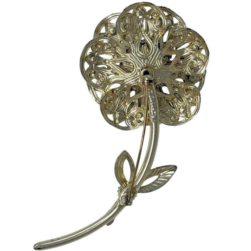 Vintage 80s Sarah Coventry Floral Rhinestone Brooch Silver Tone Pin