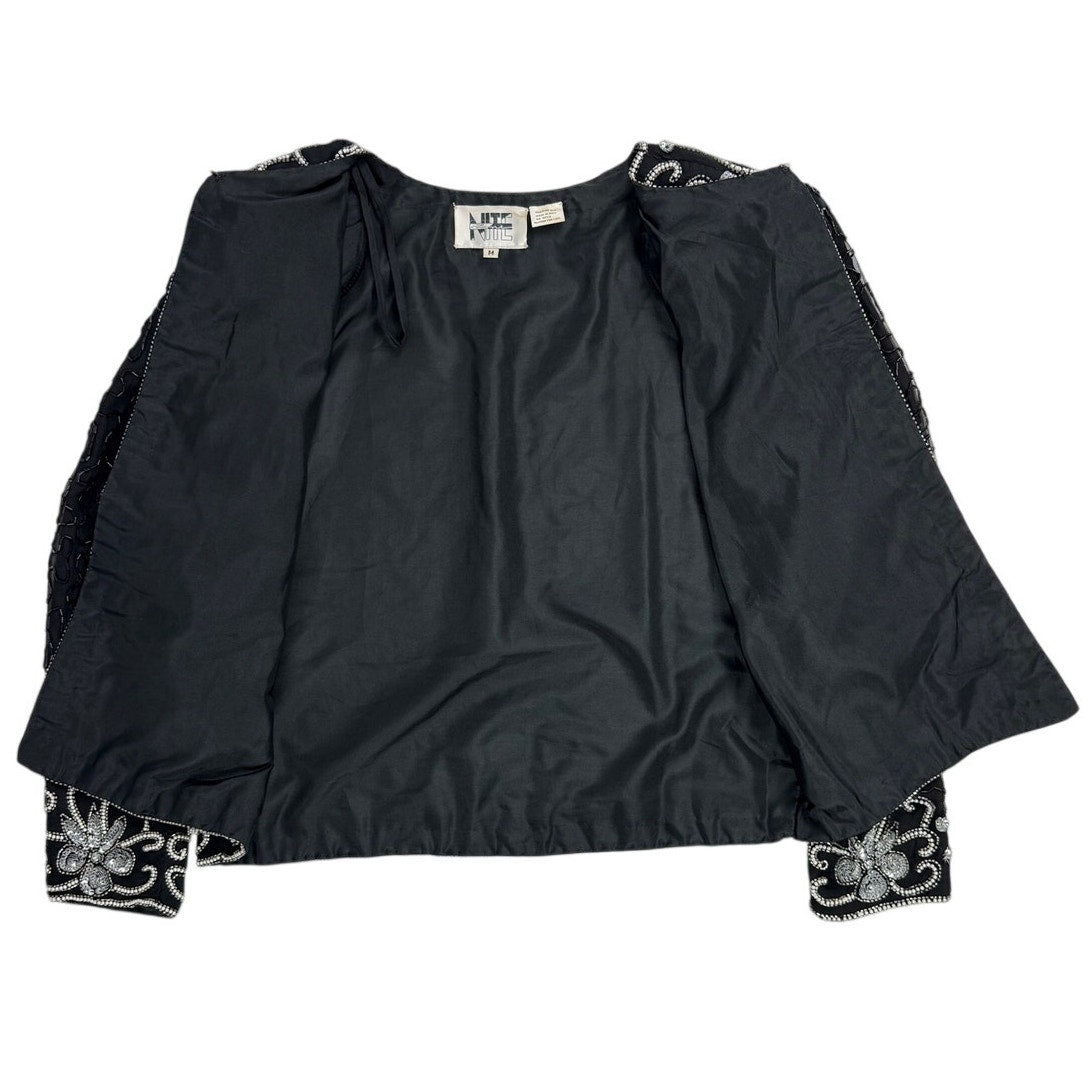 Vintage 80s Nite Line Black Silk Silver Beaded Sequin Jacket Women's Medium