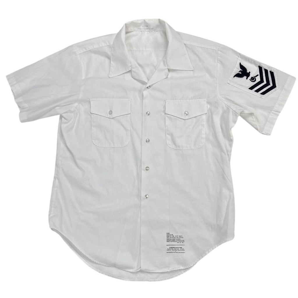 Vintage 80s US Navy Tropical White Uniform Shirt Petty Officer 1st Class L