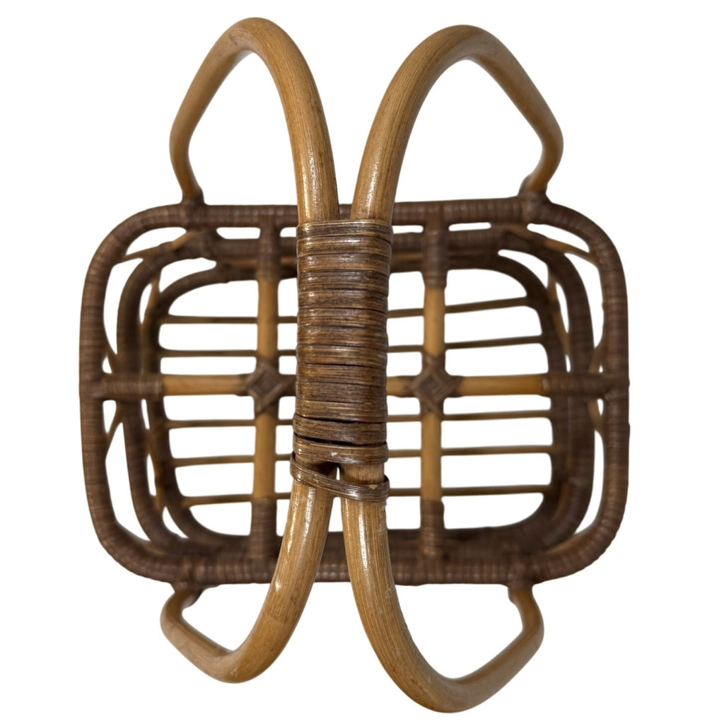 Vintage 80s Bent Wood Bamboo Wine Basket Holder Rustic Boho Farmhouse 18”