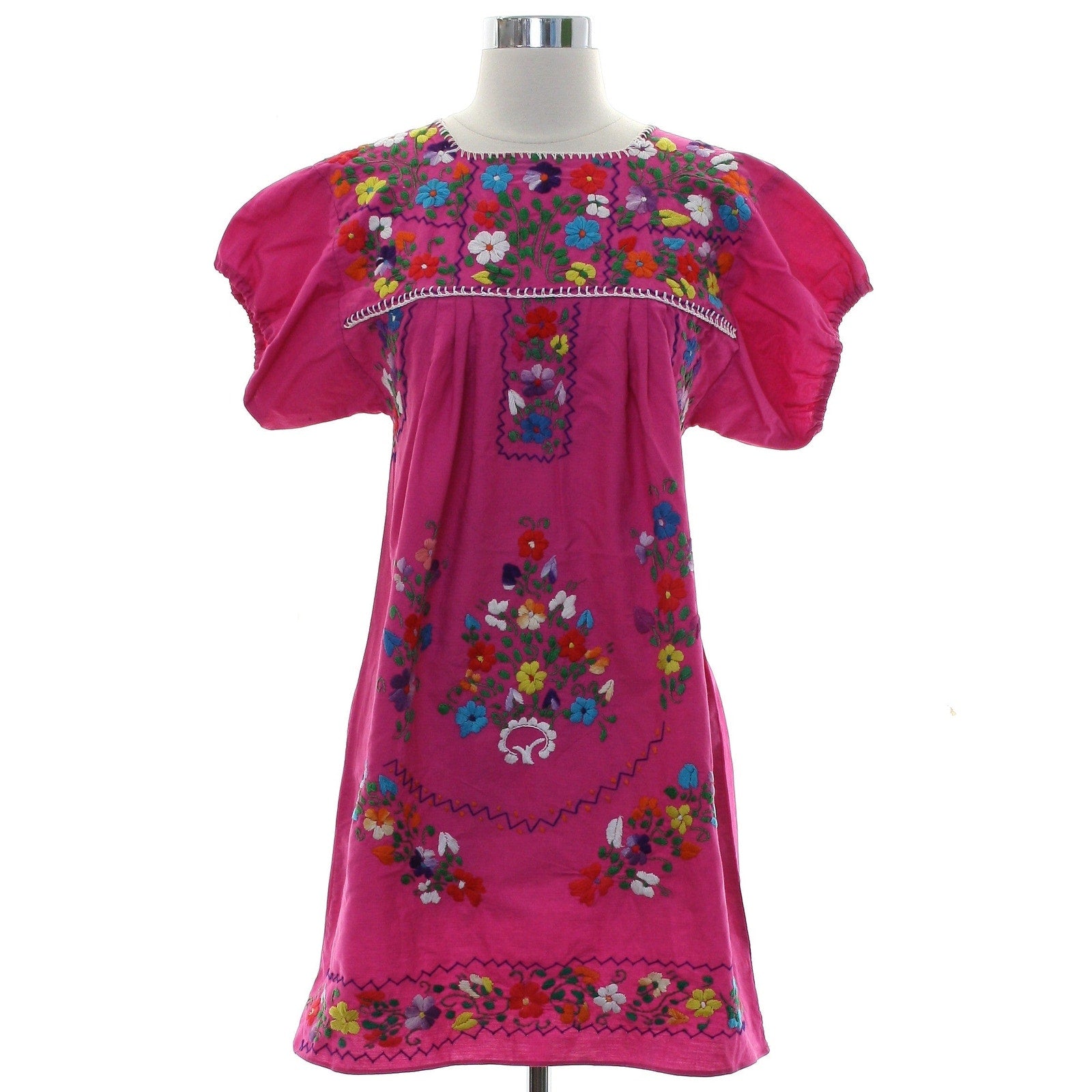 Vintage 80s Pink Embroidered Mexican Peasant Mini Dress Floral Women's Medium