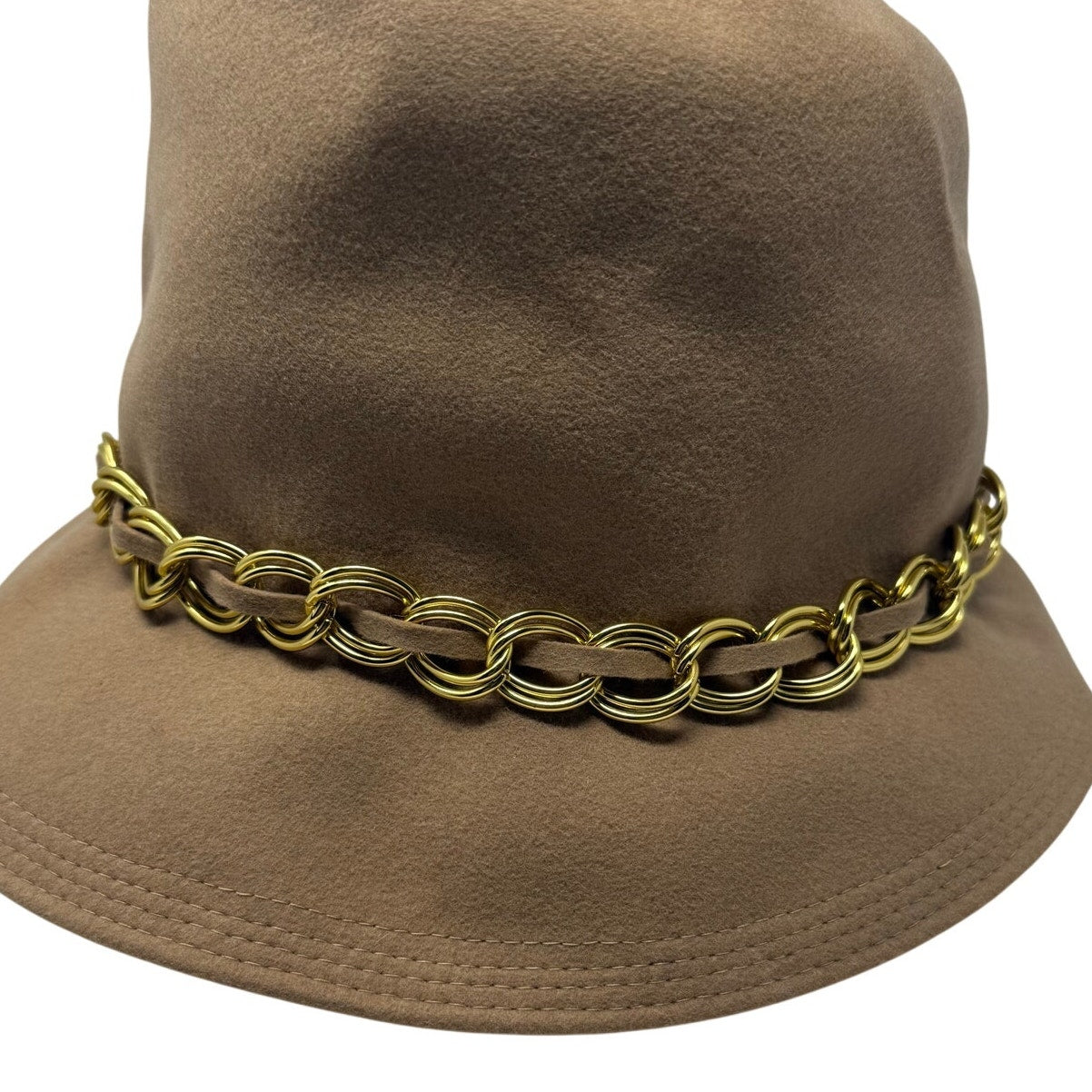 Vintage 1960s Miss Eileen Tan Wool Cloche Bucket Hat Gold Chain Trim