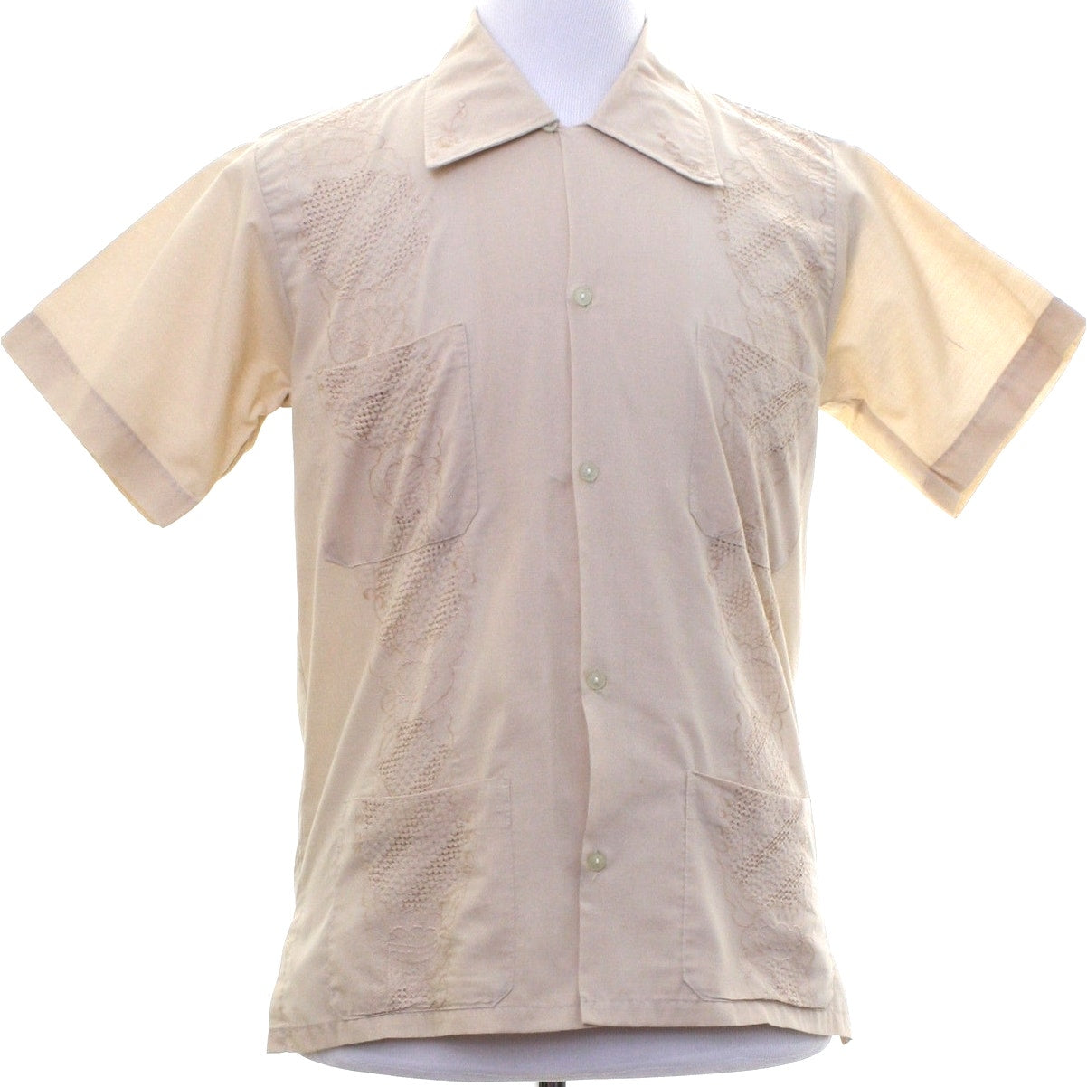 Vintage 70s Calez Taupe Guayabera Shirt Embroidered 4 Pocket Men's Small