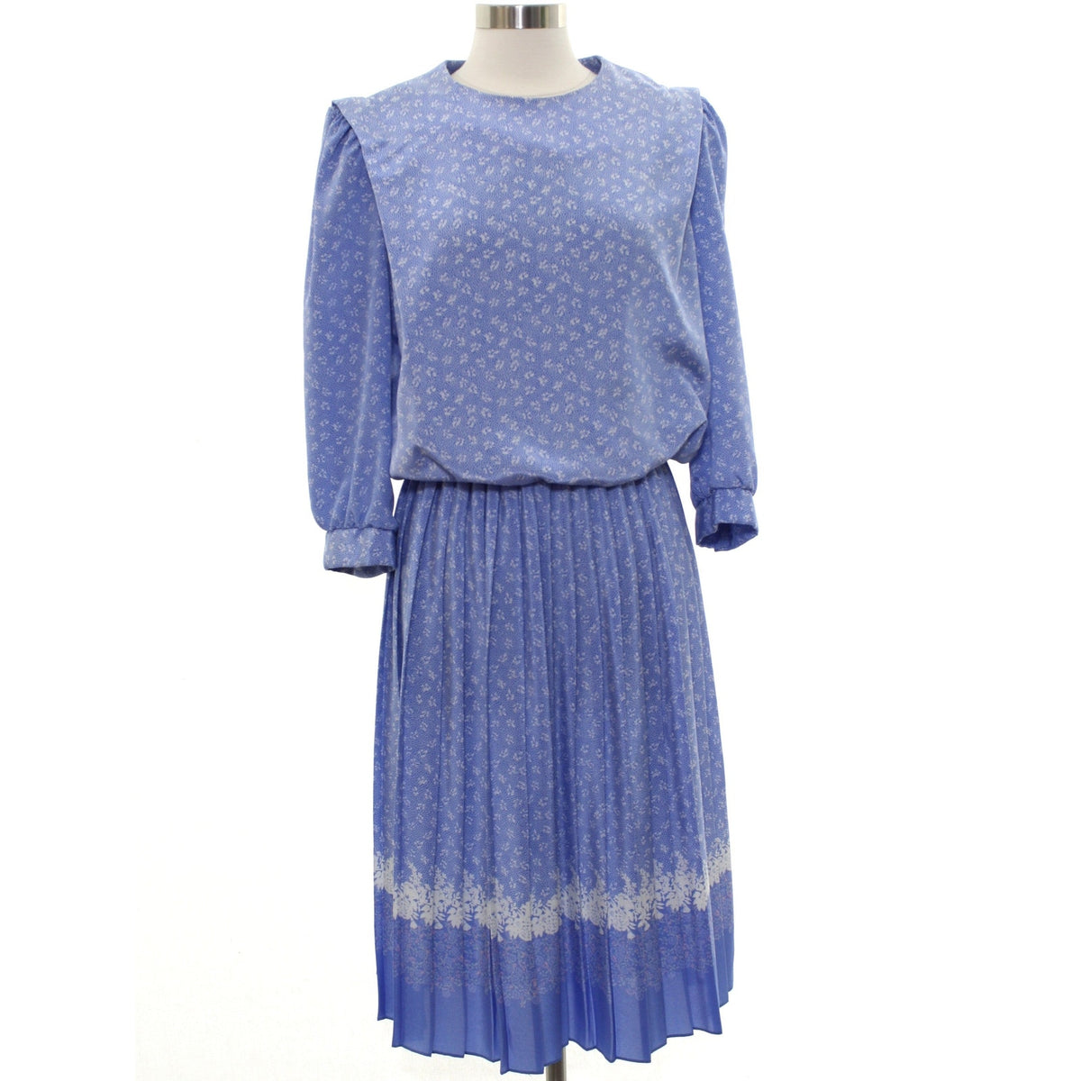 Vintage 1970s Amy-Deb Blue Floral Border Print Pleated Midi Dress Women's Medium
