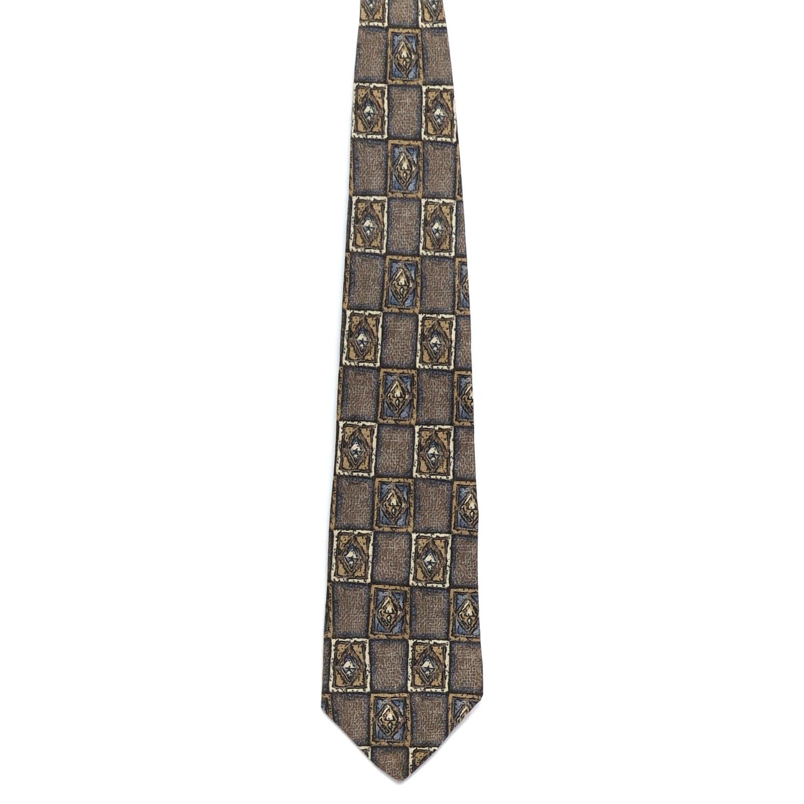 Vintage 90s Villa Bugatti Men's Silk Tie Brown Blue Geometric Check