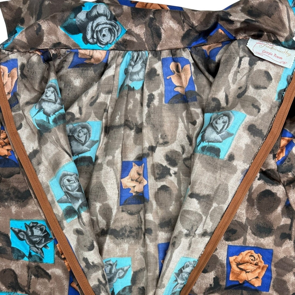 Vintage 1970s Brown Floral Polyester A-Line Midi Dress MOD Women's