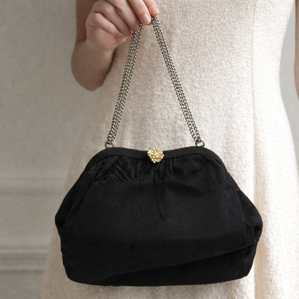 Vintage 40s Black Satin Crepe Chain Strap Evening Bag Purse