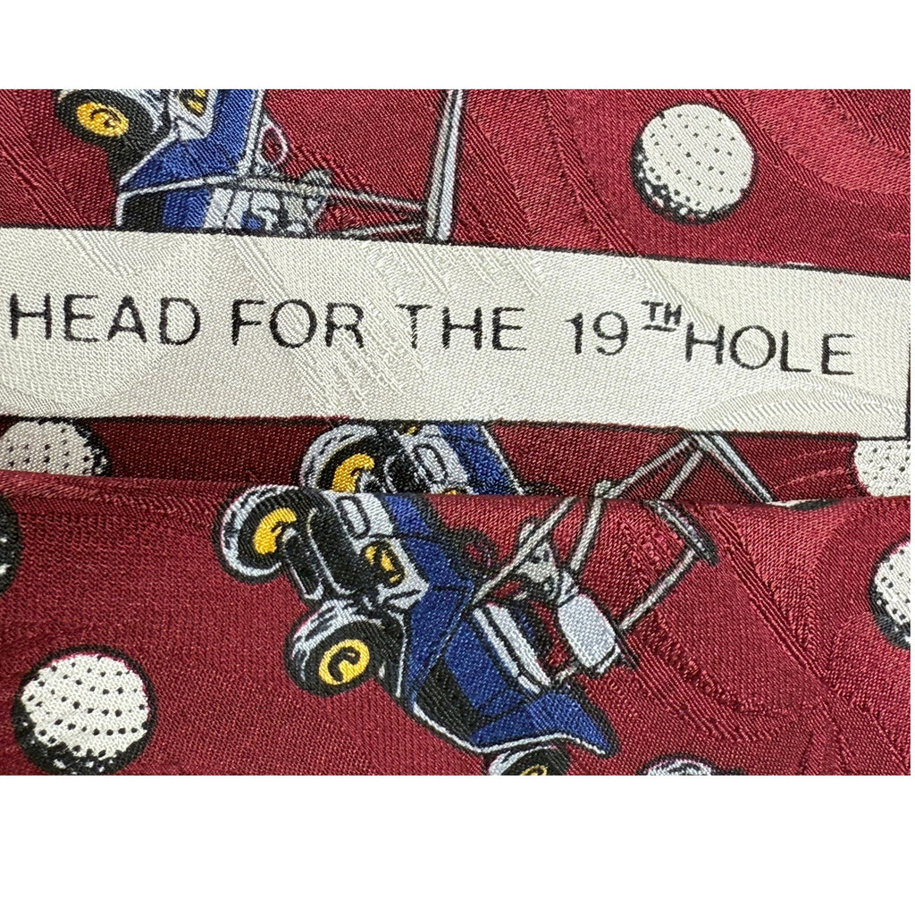 Vintage 90s Golf Red Tie Silk Golf Cart Golf Ball Print Made in USA Barry Wells