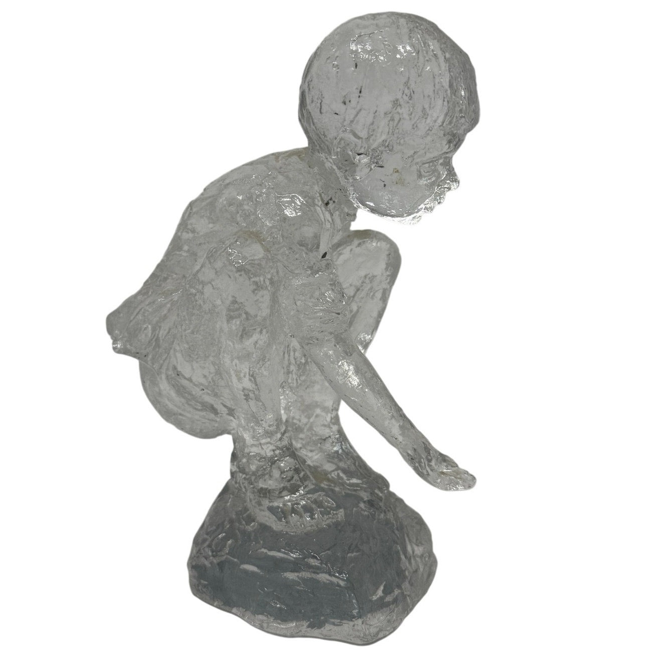 Vintage 90s Crystal Glass Crouching Boy Figurine Clear Art Statue 7"