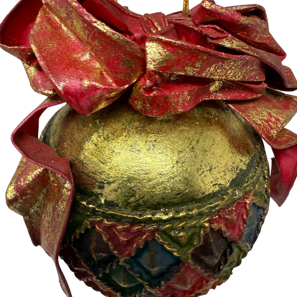 Vintage 90s Harlequin Paper Mache Christmas Ornament Ball with Red Bow