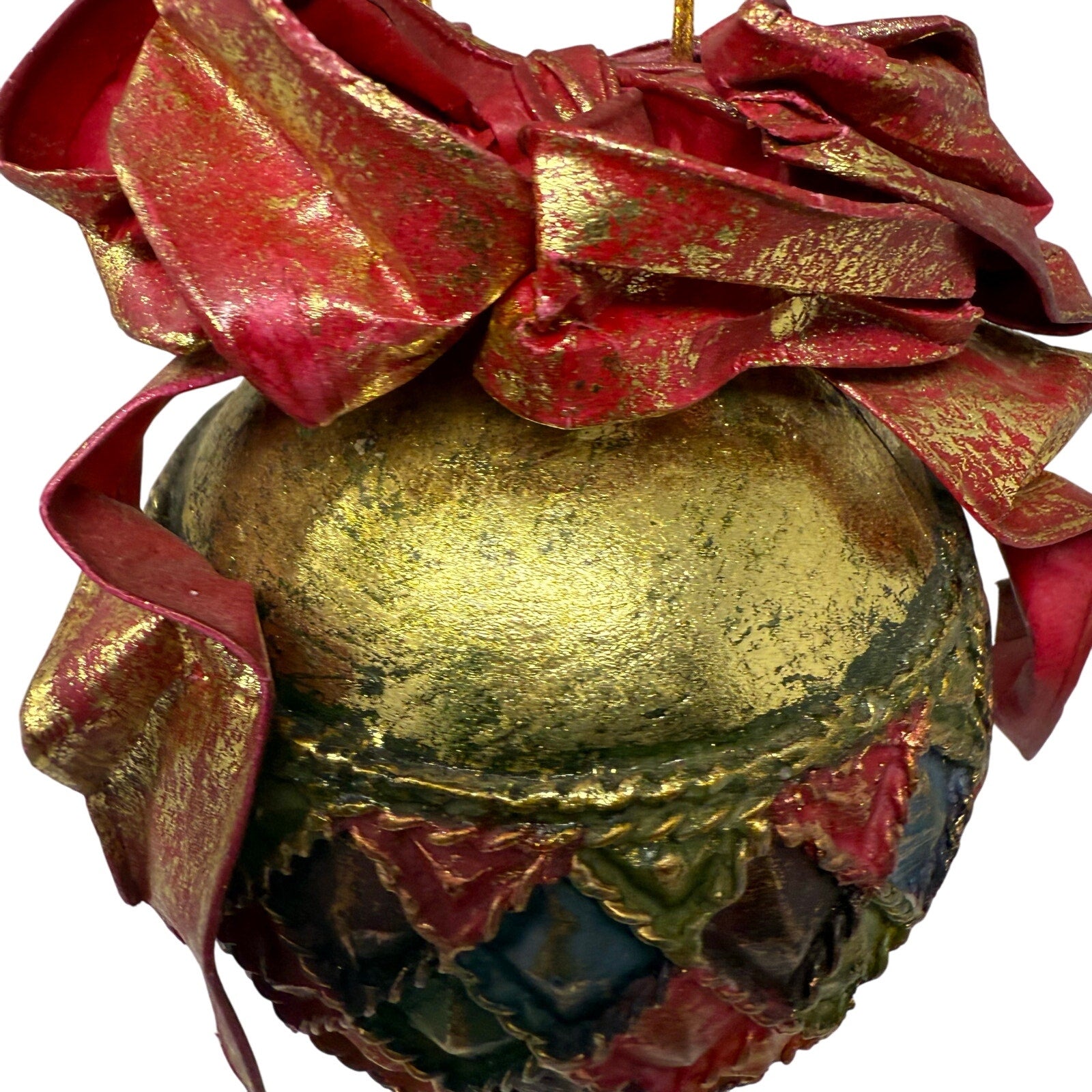 Vintage 90s Harlequin Paper Mache Christmas Ornament Ball with Red Bow