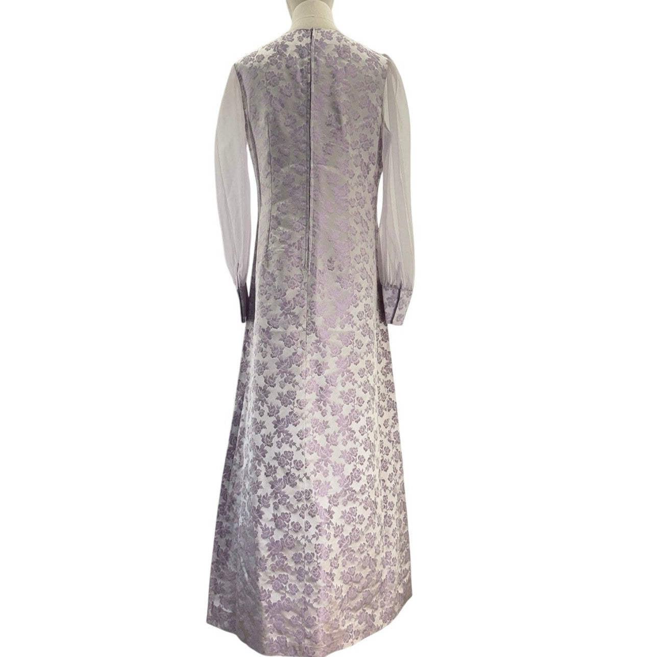 Vintage 60s Lavender Satin A-Line Maxi Dress Sheer Sleeve Women's Medium