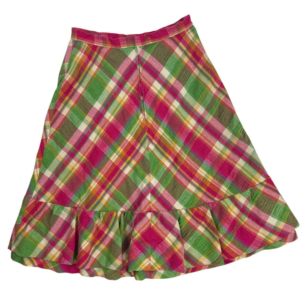 Vintage 1970s Handmade Pink Green Plaid Chevron Ruffle Midi Skirt 28"