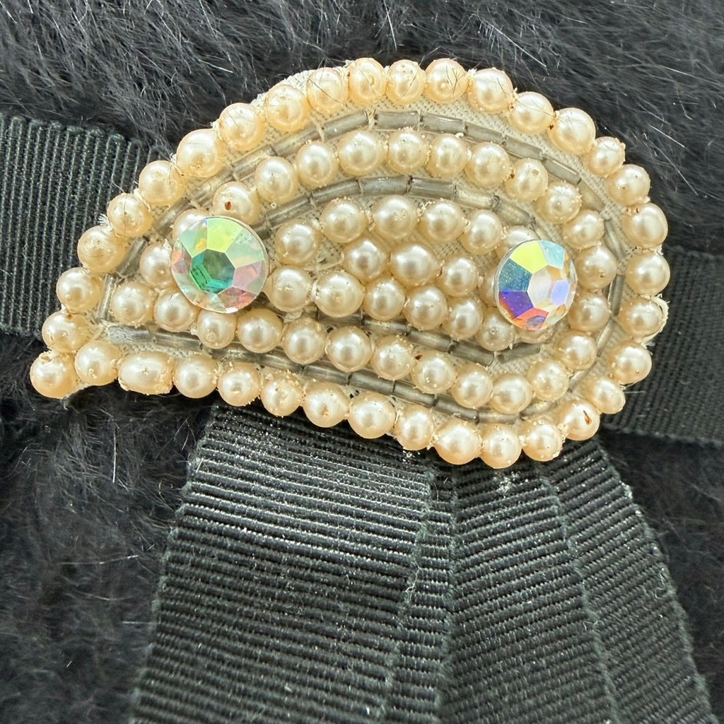 Vintage 60s Women's Black Wool Cossack Hat Pearl Rhinestone Trim Cloche