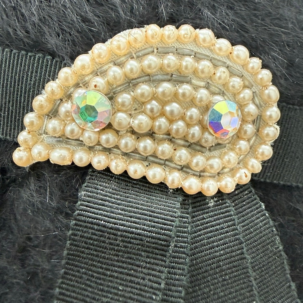 Vintage 60s Women's Black Wool Cossack Hat Pearl Rhinestone Trim Cloche