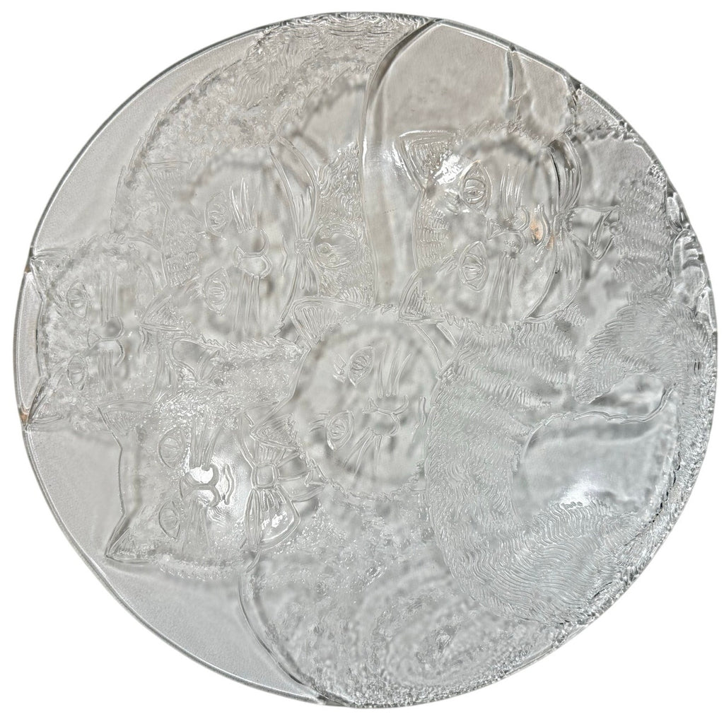 Vintage 80s Cat Serving Tray 12.5" Round Clear Embossed Glass Plate