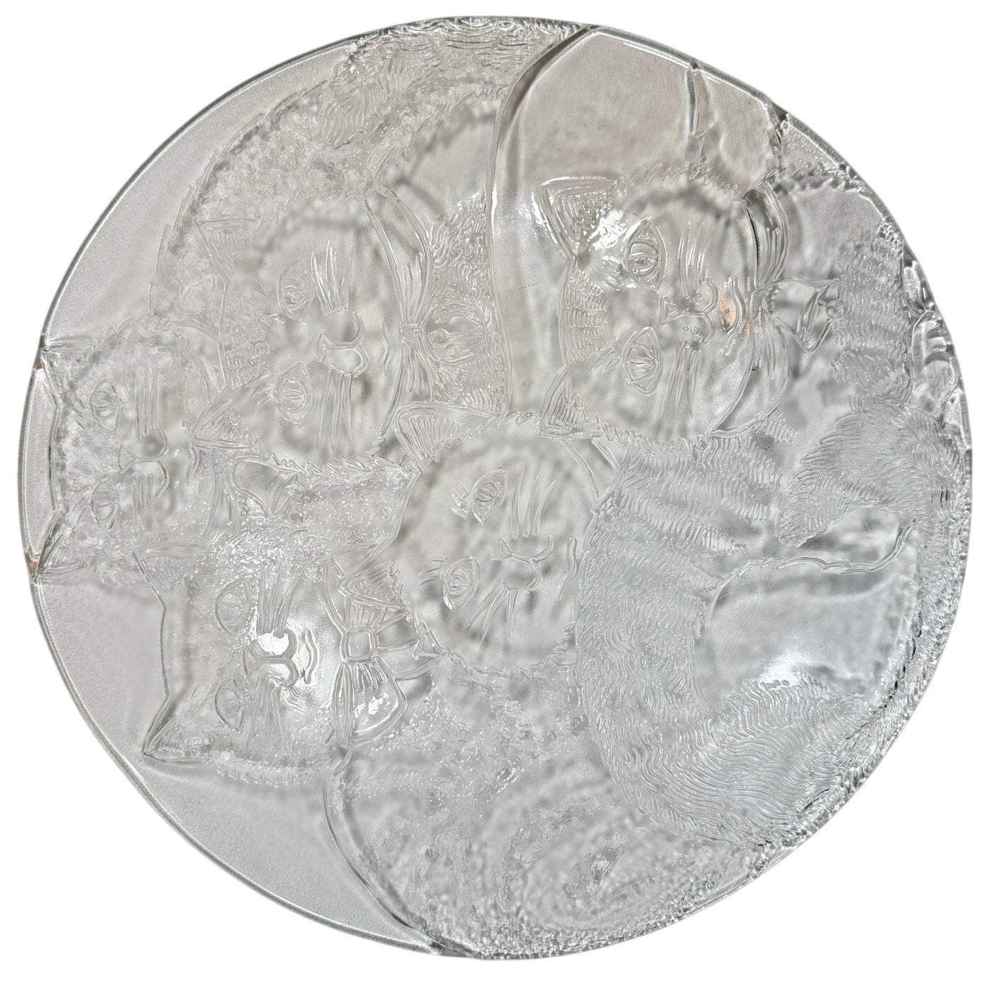 Vintage 80s Cat Serving Tray 12.5" Round Clear Embossed Glass Plate