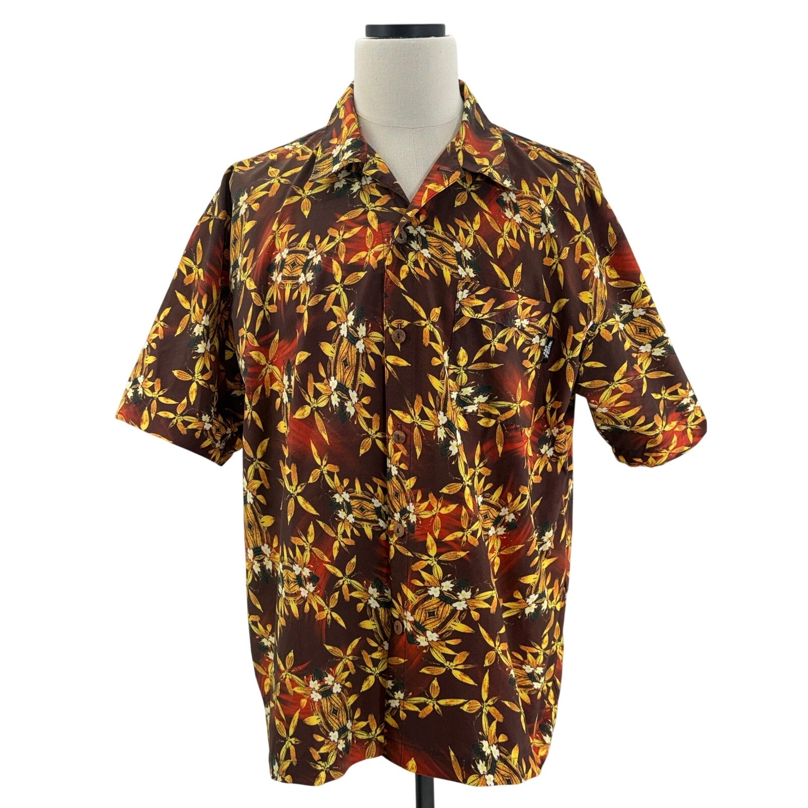 Vintage 90s No Fear Hawaiian Shirt Mens XL Brown Floral Nylon Camp Shirt
