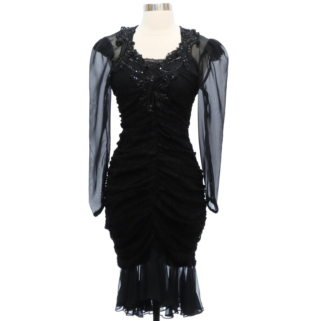 Vintage Y2K Dave & Johnny Black Lace Beaded Ruched Sheer Sleeve Dress Size 5/6