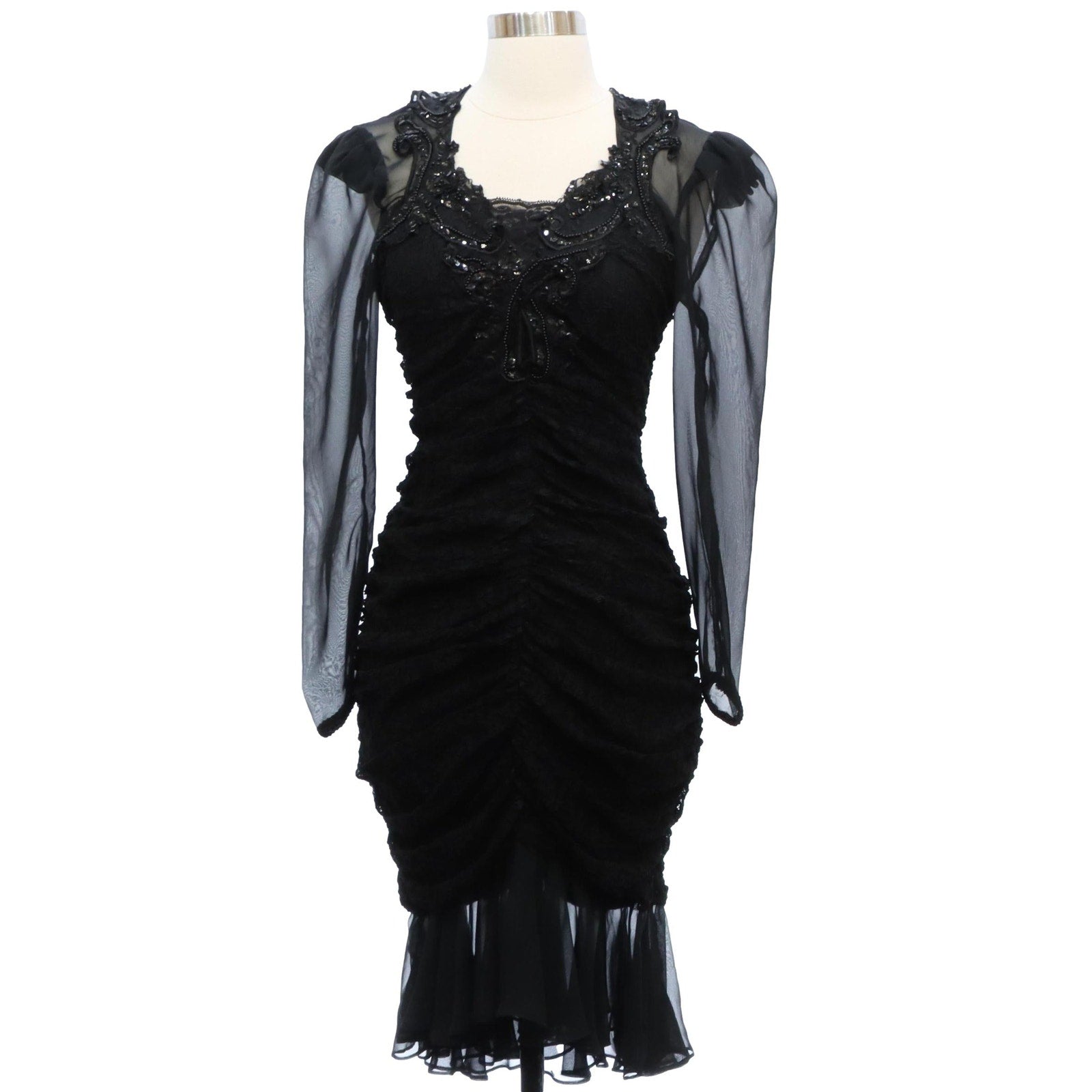 Vintage Y2K Dave & Johnny Black Lace Beaded Ruched Sheer Sleeve Dress Size 5/6