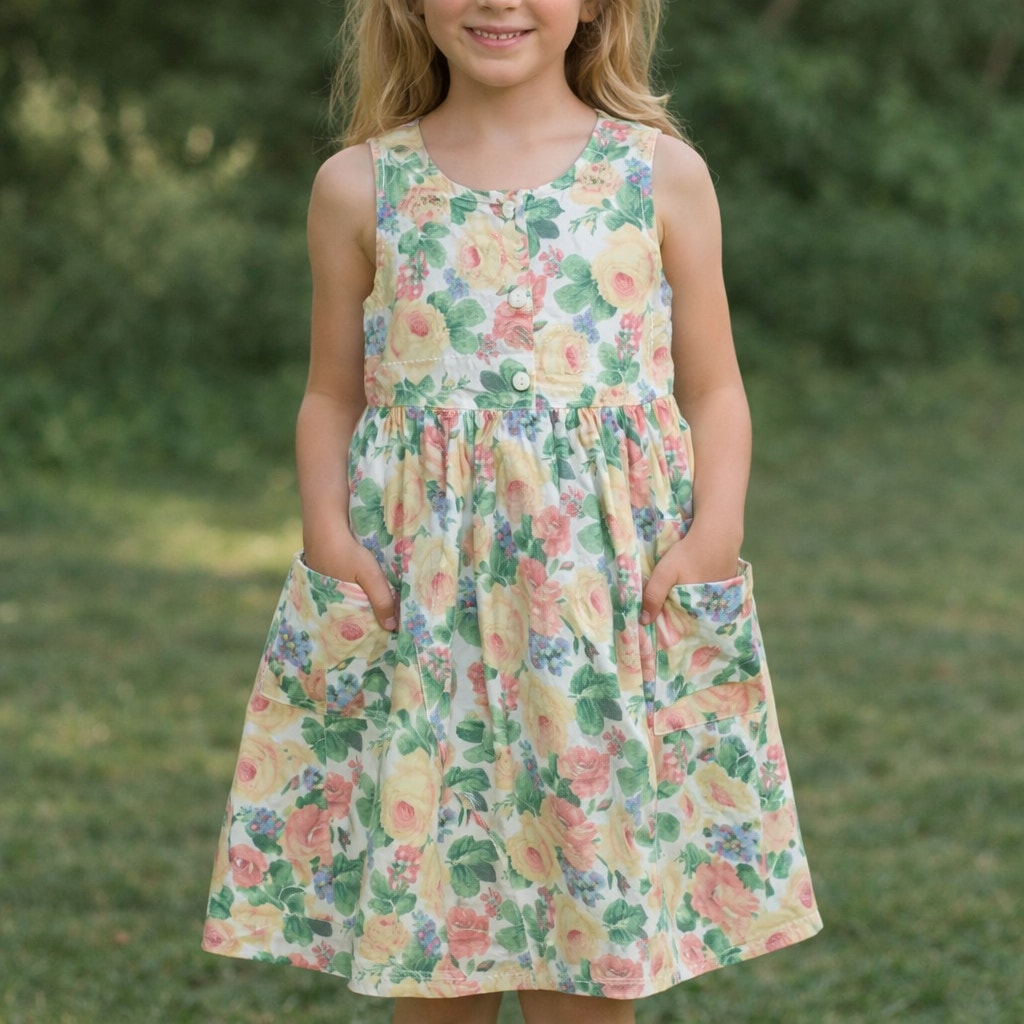 Girls 90s Summer Dress Floral Pockets 100% Cotton USA