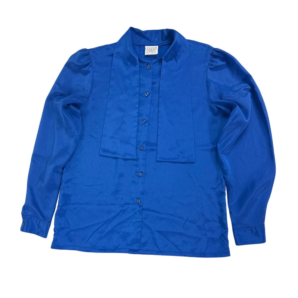 Vintage 70s Koret Career Cobalt Blue Tie Neck Blouse Womens Medium