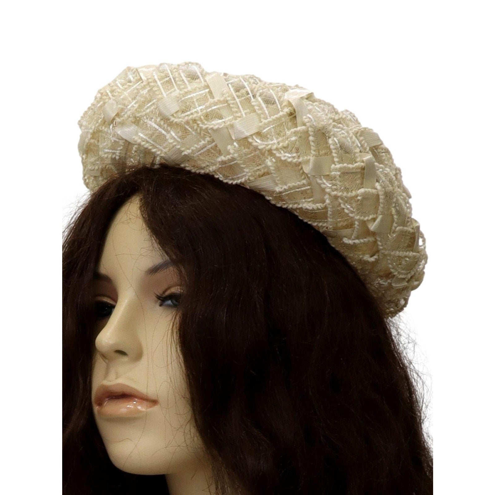Vintage 1960s Beige Raffia Pillbox Hat with Netting Union Made 7 US