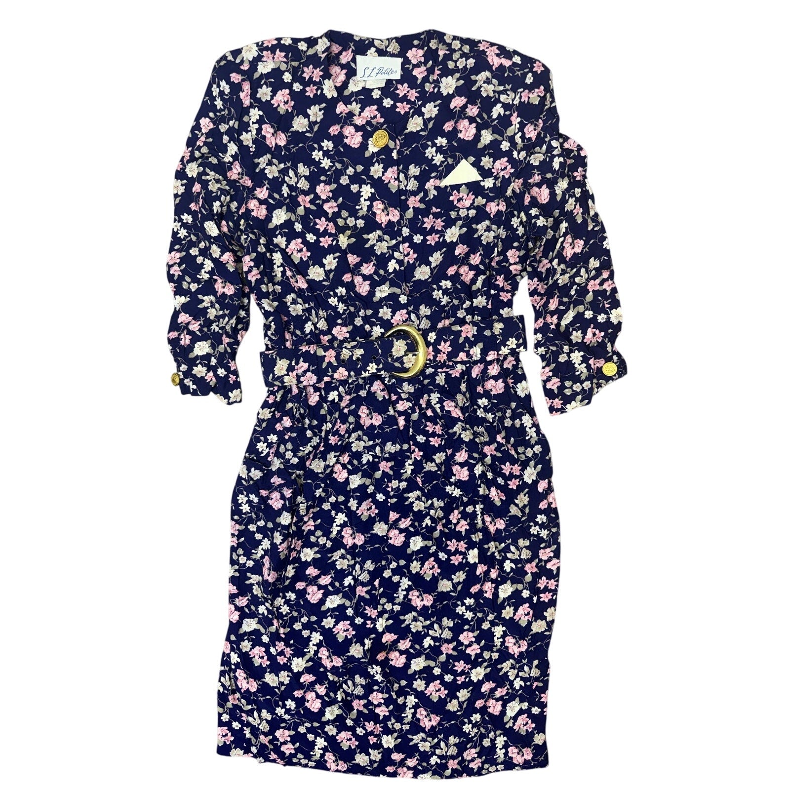 Vintage 80s SL Petites Floral Rayon Belted Dress Navy Size 12 Midi