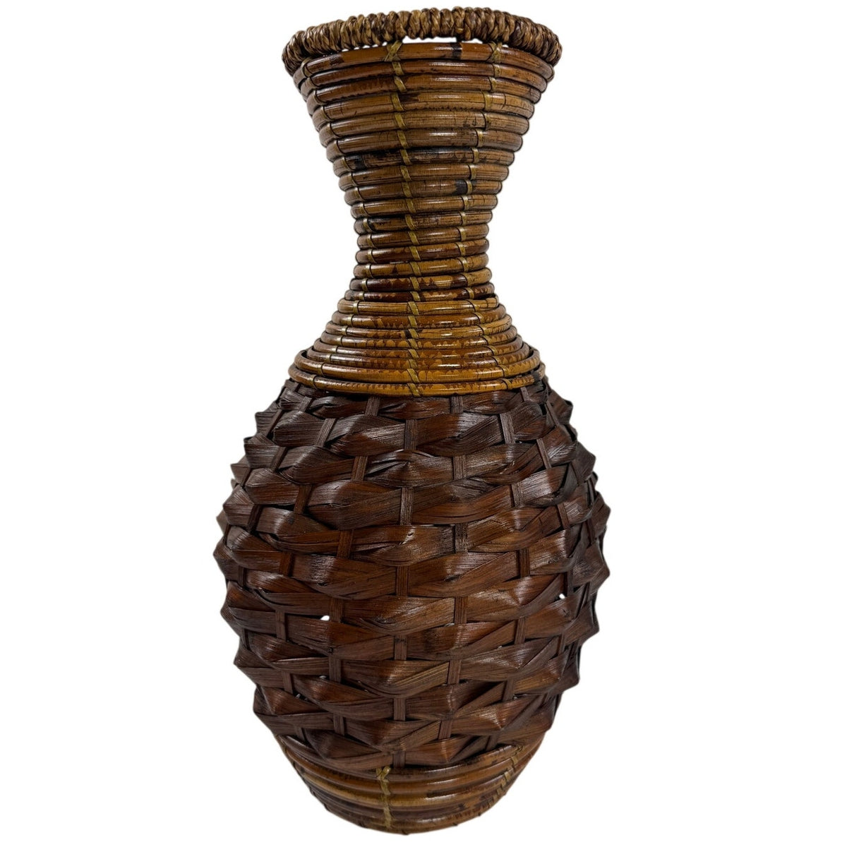 Vintage 90s Handwoven Rattan Wicker Vase 15 Brown Boho Basket Decor