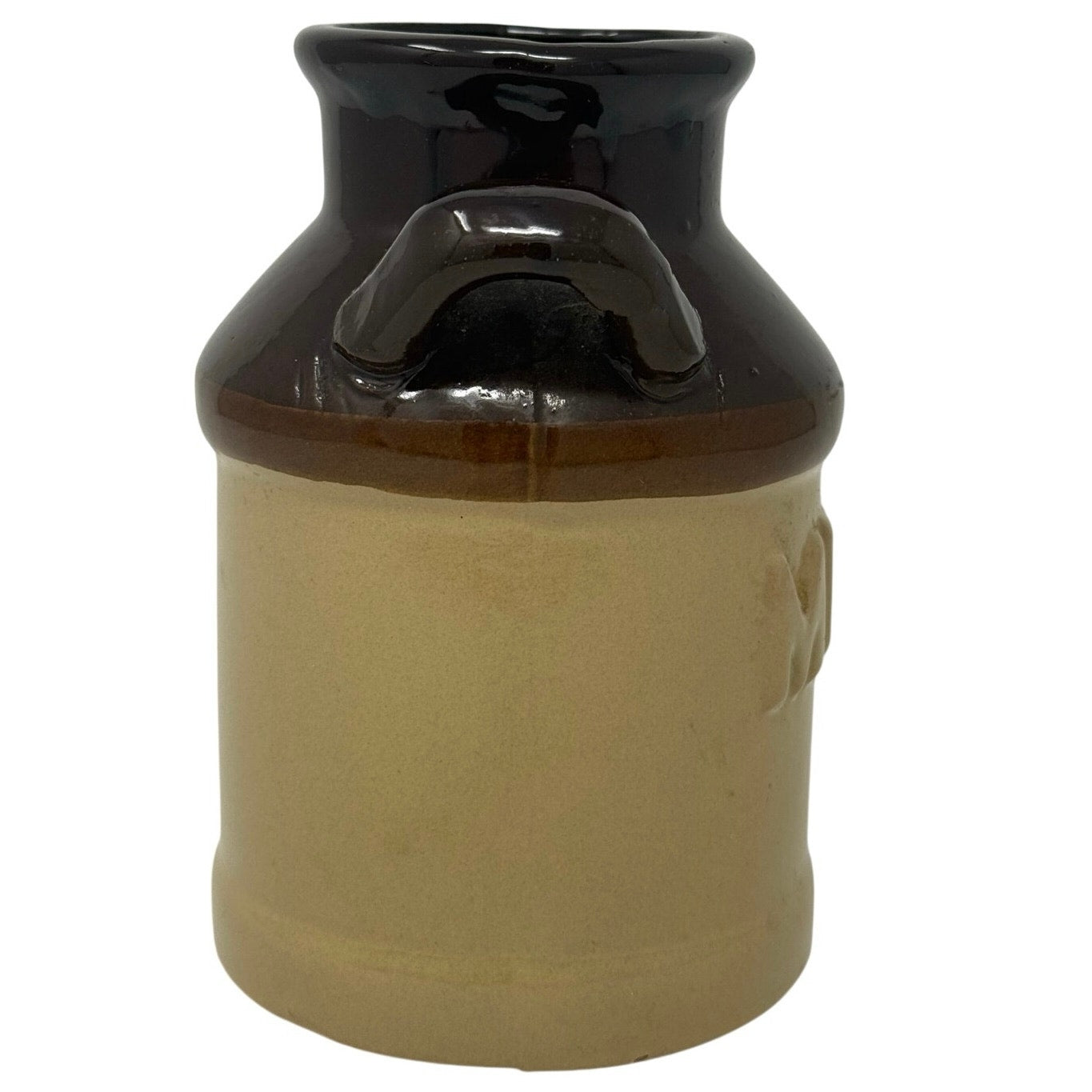 Vintage 70s Stoneware Milk Jug Brown Tan Glaze Rustic Farmhouse Decor