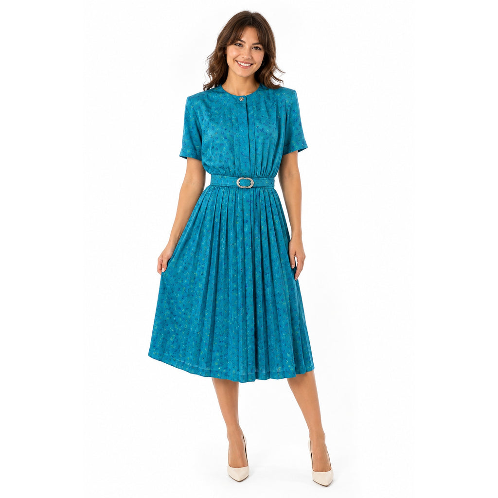Vintage 80s Women's Small Leslie Fay Teal Floral Pleated Belted Dress