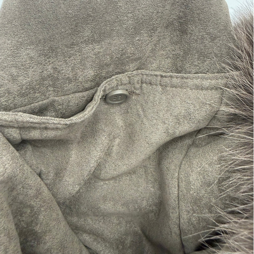 St John's Bay Faux Suede Hooded Jacket Fur Trim Women's Small Taupe Brown