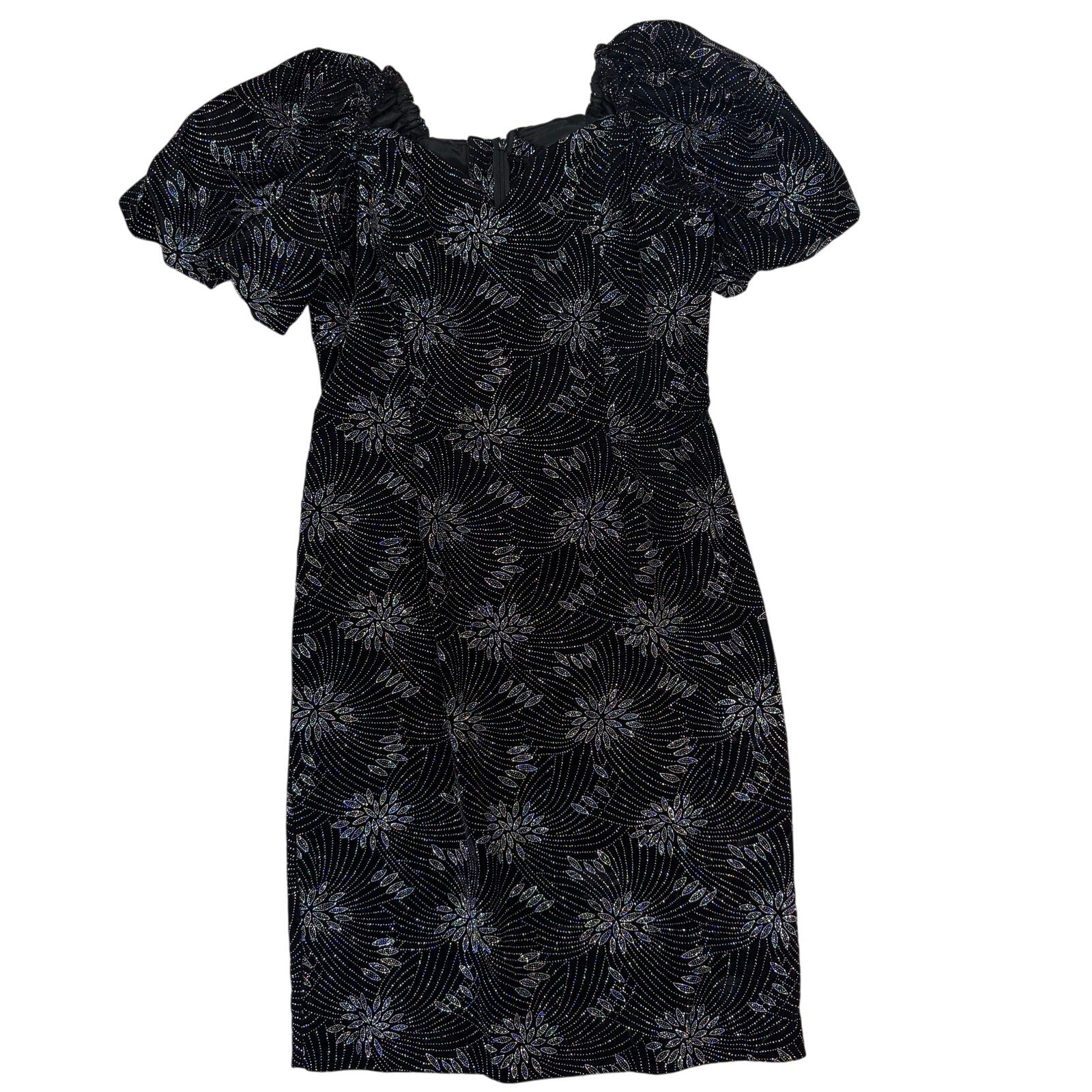 Vintage 90s Black Velvet Dress Puff Sleeve Glitter Fireworks Women's Medium Glam