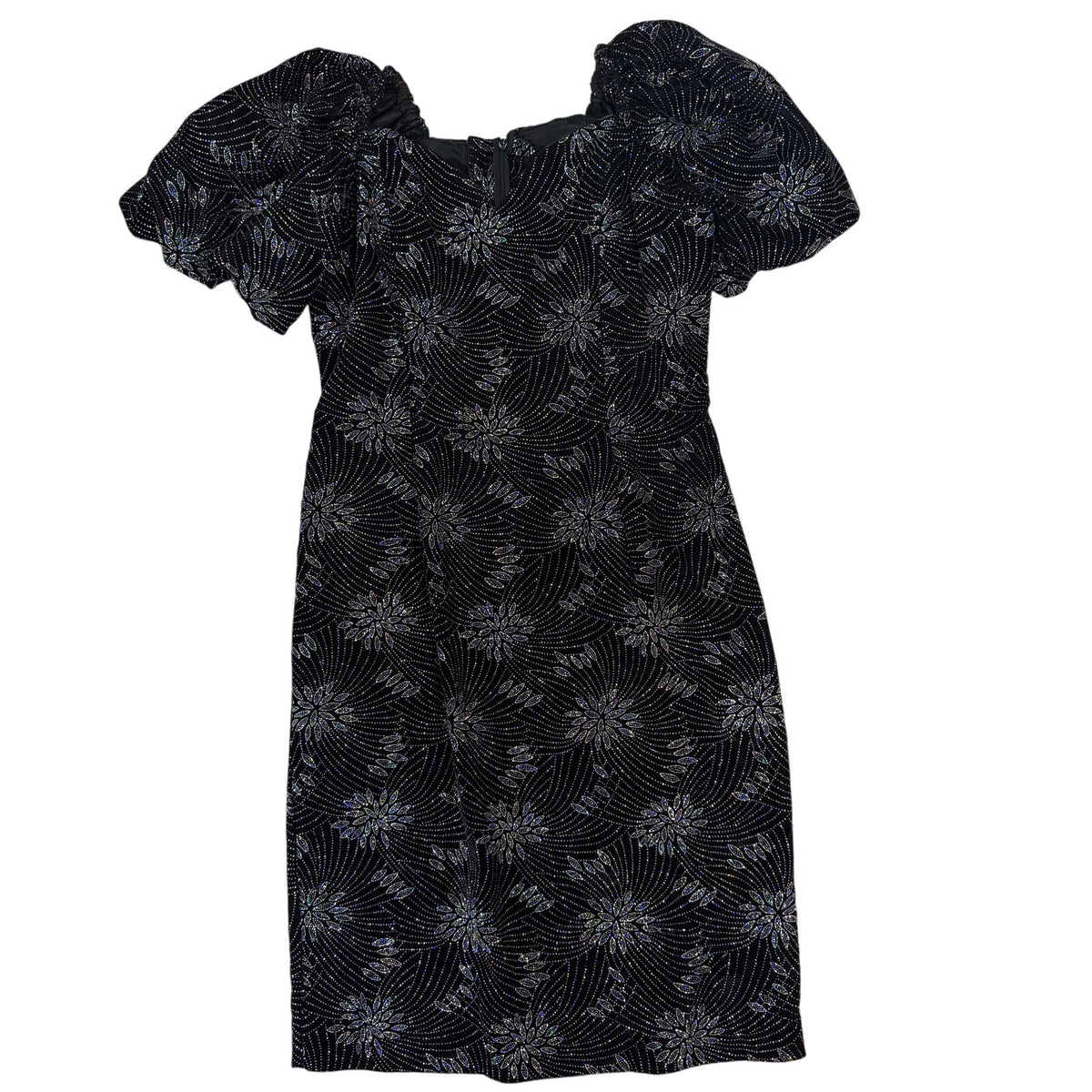 Vintage 90s Black Velvet Dress Puff Sleeve Glitter Fireworks Women's Medium Glam