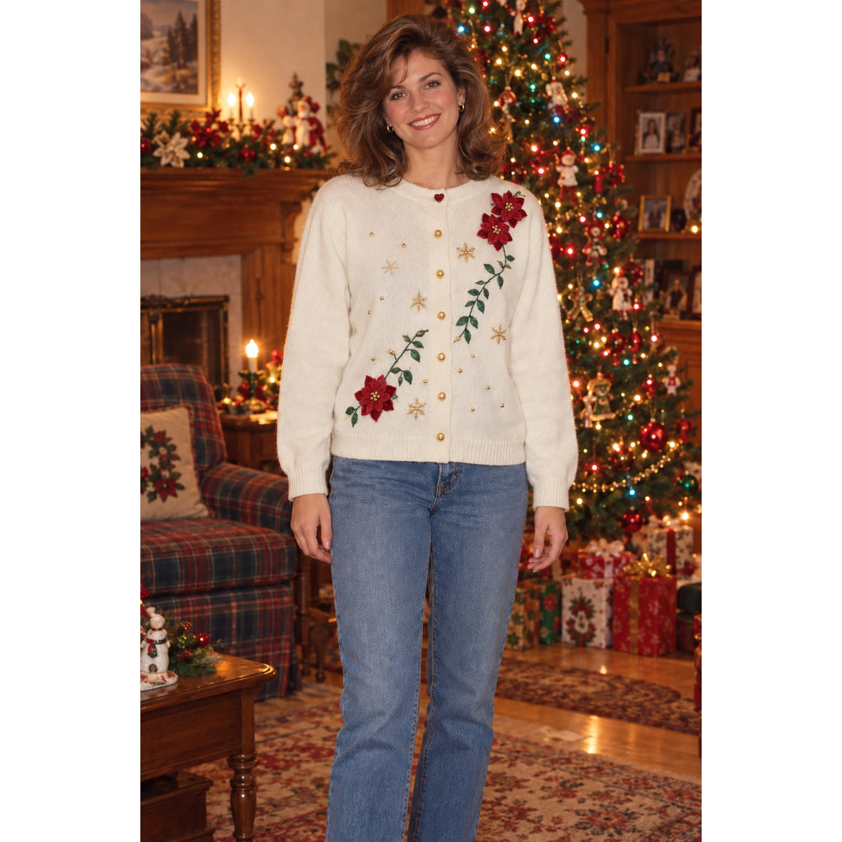 Vintage 90s Classic Elements Cream Poinsettia Christmas Cardigan Women’s Large