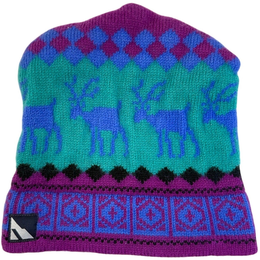 Vintage 90s Columbia Sportswear Wool Fair Isle Beanie Hat Purple Reindeer