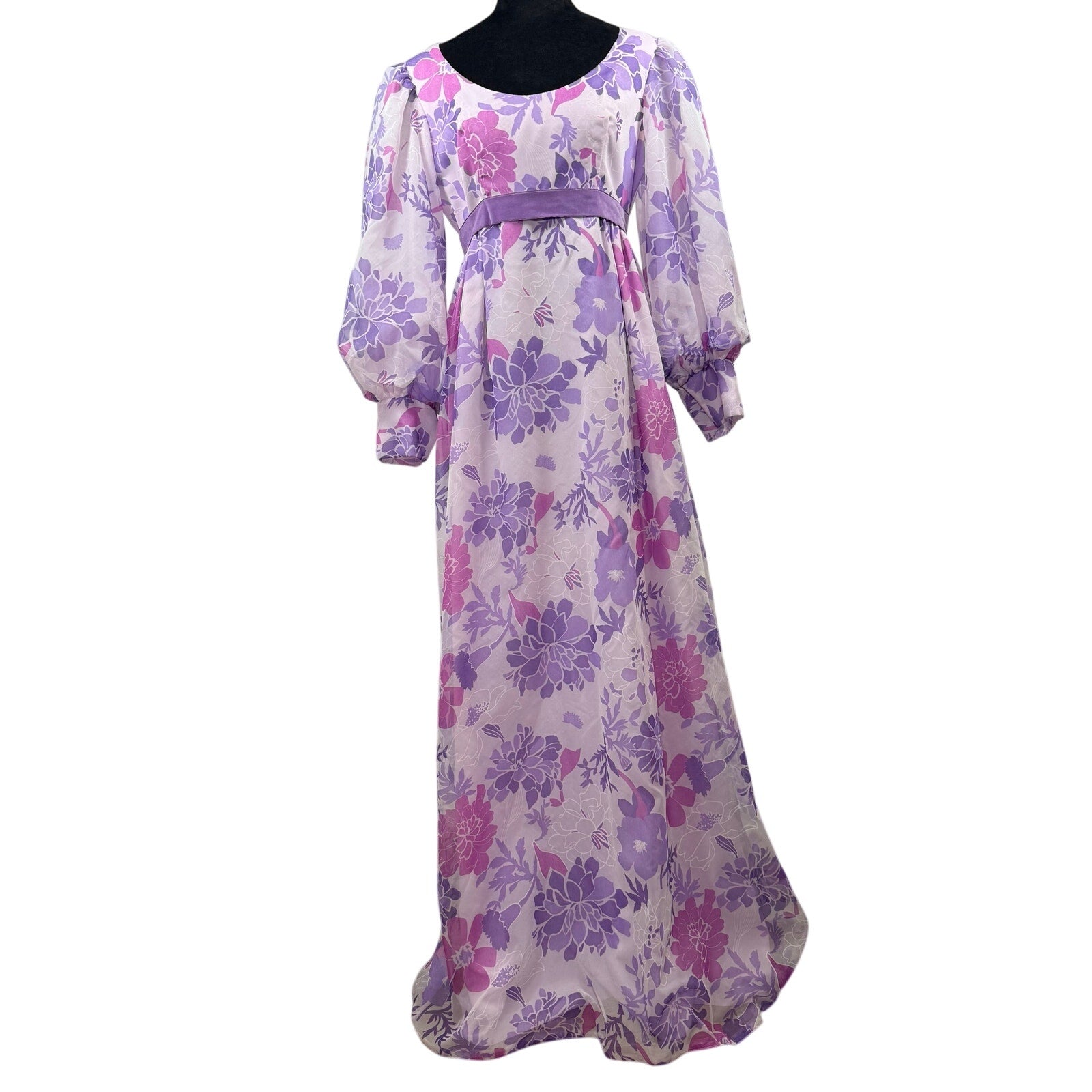Vintage 60s Emma Domb Purple Floral Empire Waist Prom Bridesmaid Dress