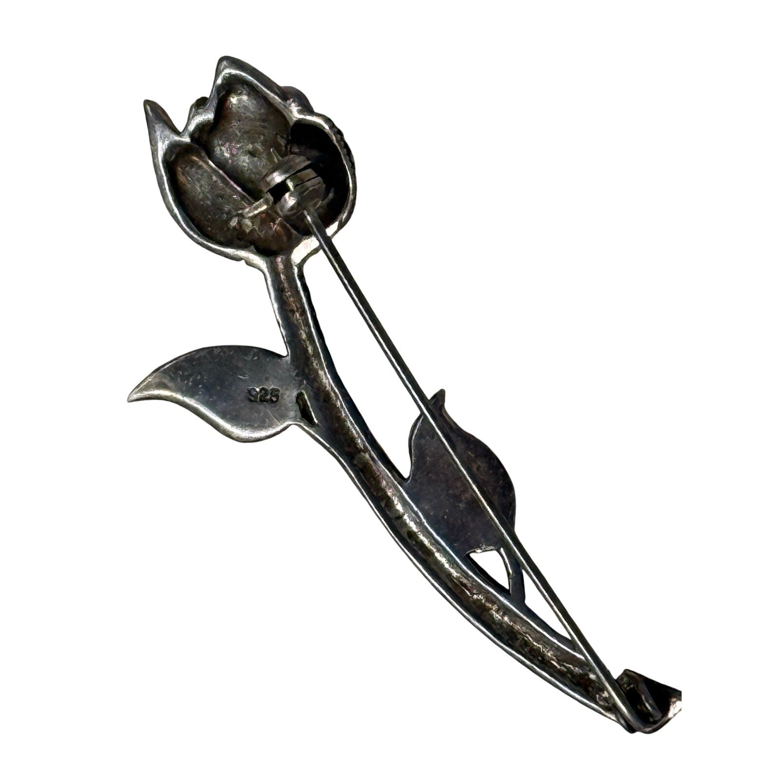Vintage 80s 925 Sterling Silver Marcasite Rose Flower Brooch Pin