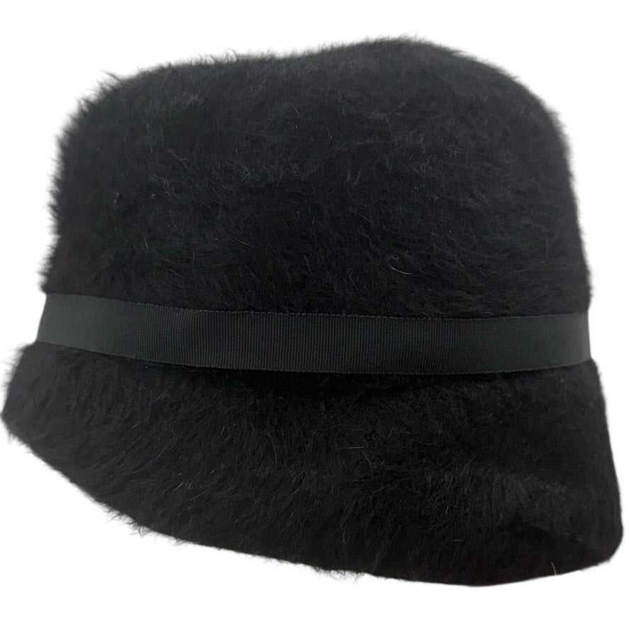 Vintage 60s Women's Black Wool Cossack Hat Pearl Rhinestone Trim Cloche