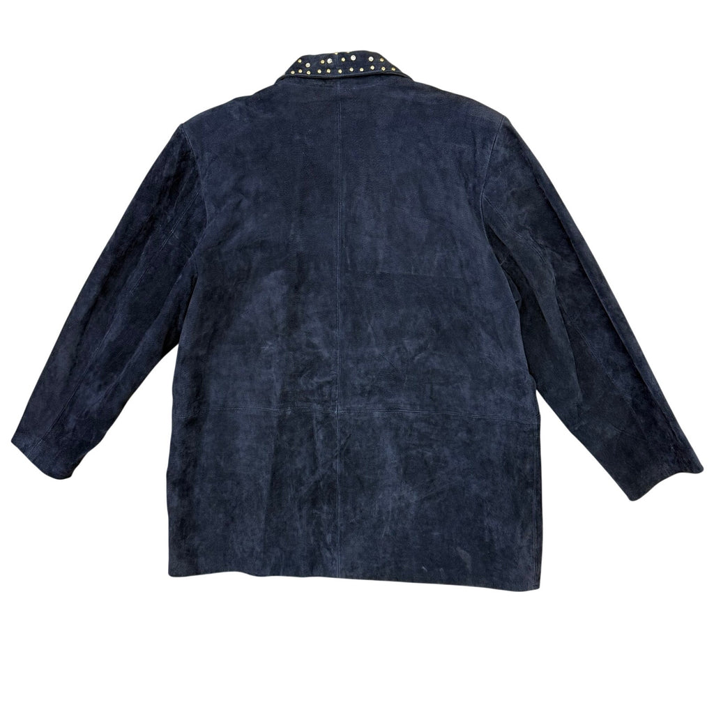 Vintage 90s Women's Large Navy Suede Leather Blazer Jacket Studded Lined