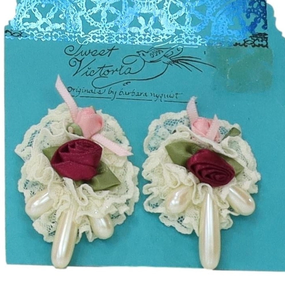 Vintage 80s Sweet Victoria Lace Rose Statement Pierced Earrings