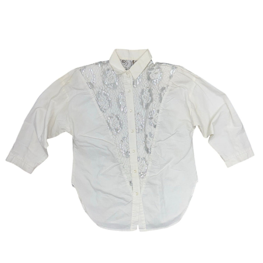 Vintage 80s Women Large Sure Thing White Lace Western Blouse Shirt USA